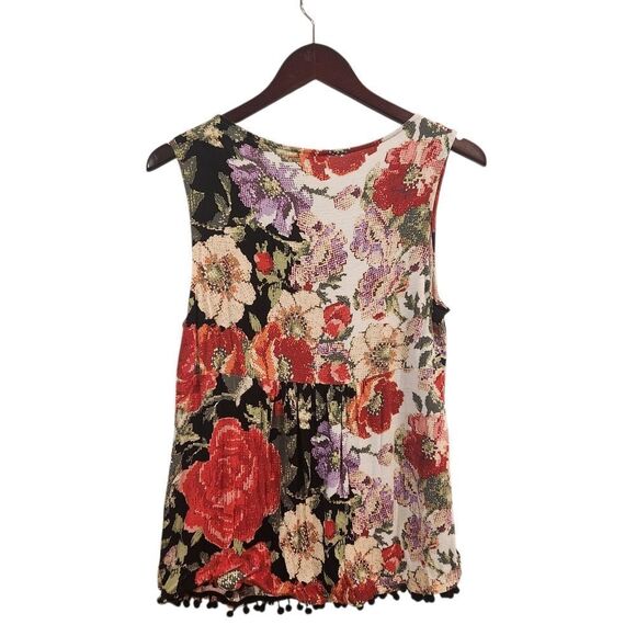Anthropologie Meadow Rue Floral Sleeveless Tank Medium Red Pom Pom - Picture 2 of 6